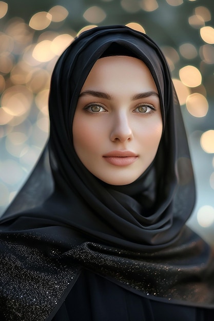 uma mulher com um hijab preto na cabeça