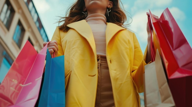 Foto uma mulher com um impermeável amarelo segurando sacos de compras adequados para conceitos de varejo ou moda