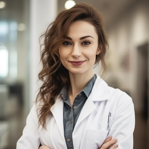 Uma mulher com um jaleco branco está em um hospital.