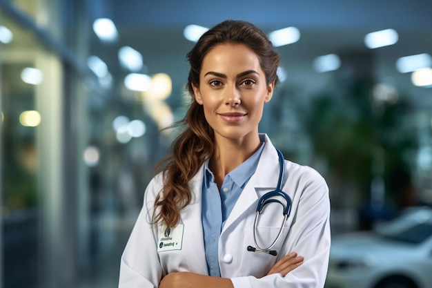 Uma mulher com um jaleco branco está parada no corredor de um hospital.