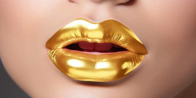 Uma mulher com um lábio dourado na frente do rosto