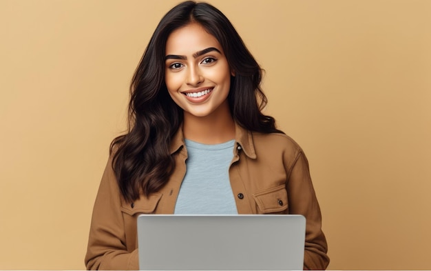 Uma mulher com um laptop em um fundo marrom