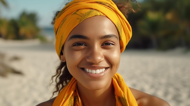 Uma mulher com um lenço amarelo e uma camisa amarela.