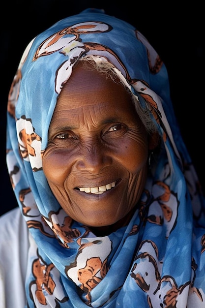 Uma mulher com um lenço azul que diz a palavra sobre ele