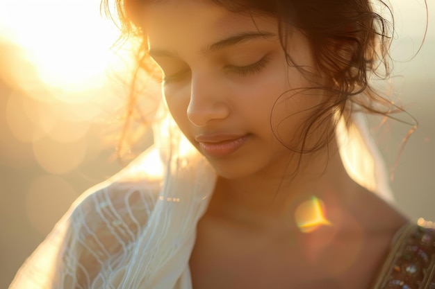 Uma mulher com um lenço branco está olhando para a câmera