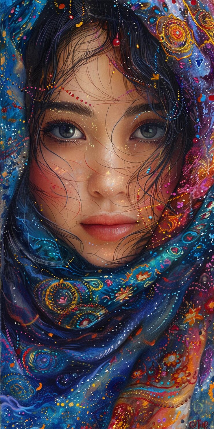 Foto uma mulher com um lenço colorido que diz "quot" em todo o rosto.