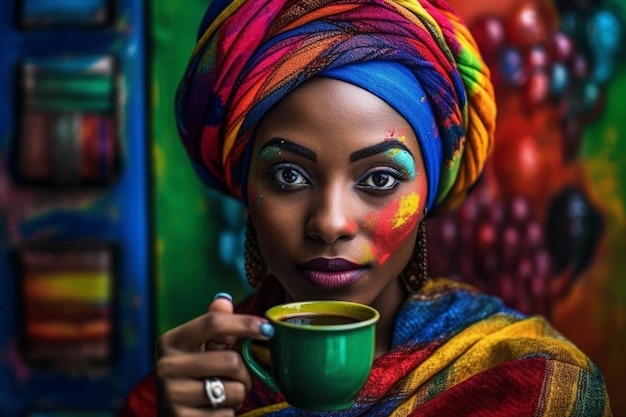 Uma mulher com um lenço colorido segurando uma xícara de café.