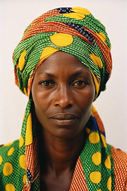 Foto uma mulher com um lenço de cabeça colorido e um turbante verde e amarelo