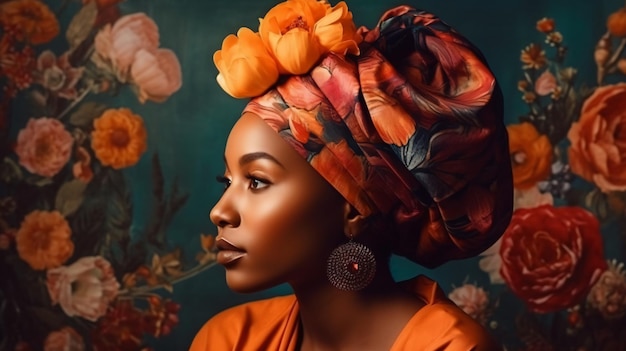 Uma mulher com um lenço laranja brilhante fica na frente de um fundo floral.