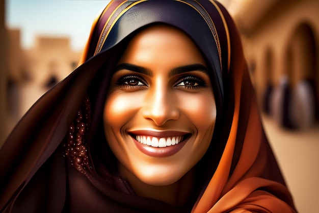 Uma mulher com um lenço na cabeça e um sorriso no rosto.