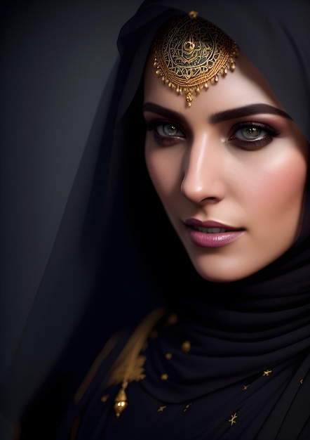 Uma mulher com um lenço preto e enfeites árabes na cabeça