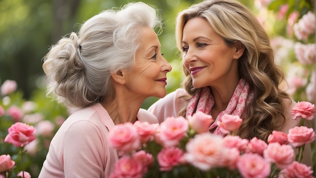 uma mulher com um lenço rosa e uma mulher de rosa