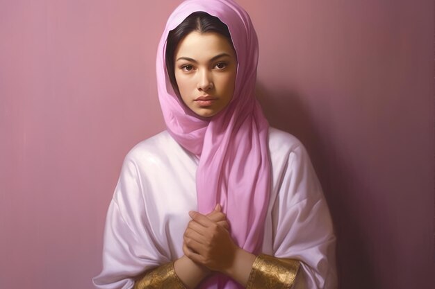 Uma mulher com um lenço rosa