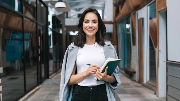 uma mulher com um livro que diz que está sorrindo