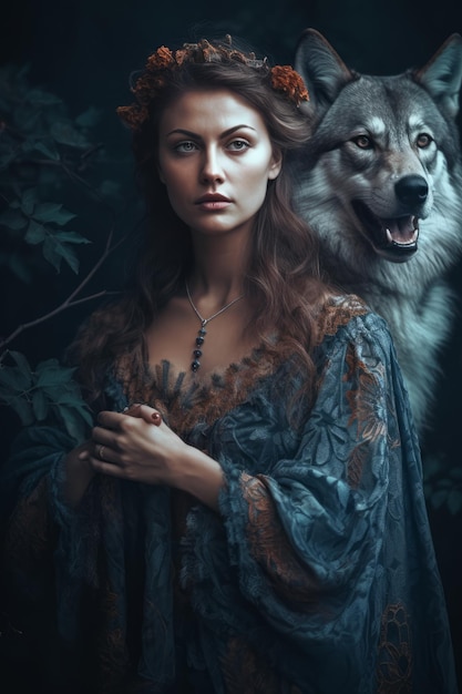 Uma mulher com um lobo na cabeça