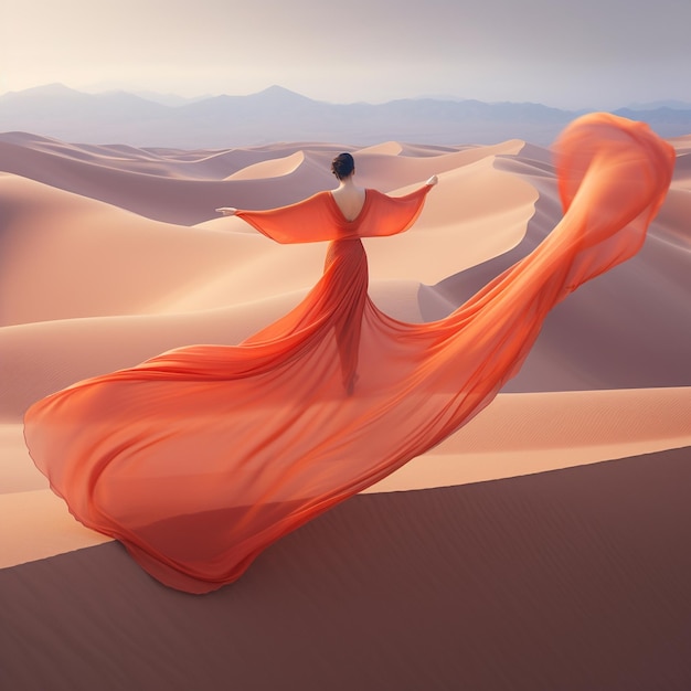 Uma mulher com um longo vestido laranja está parada no deserto