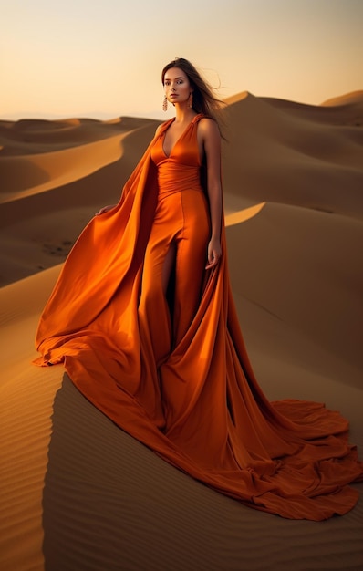 Uma mulher com um longo vestido laranja está parada no deserto