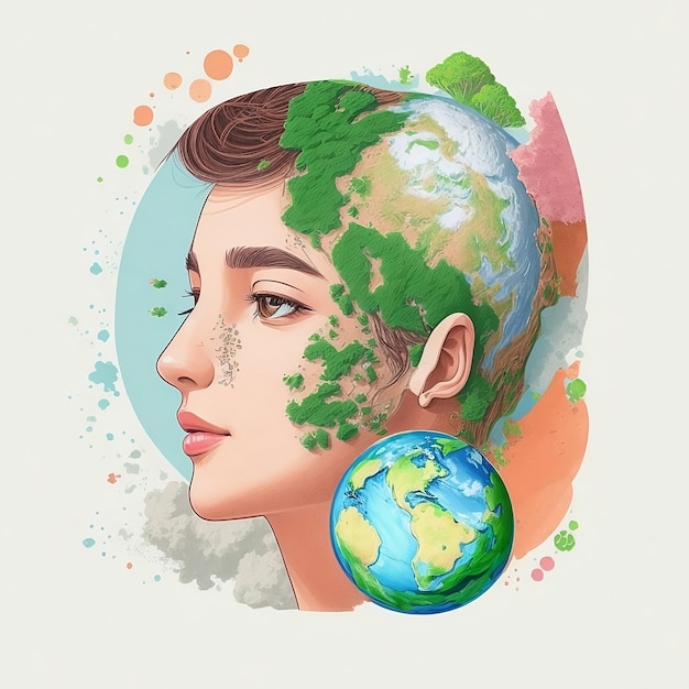 Foto uma mulher com um mapa-múndi no rosto e a terra para comemorar o dia mundial do ozônio