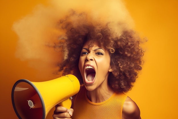 Uma mulher com um megafone amarelo está gritando em um megafone amarelo
