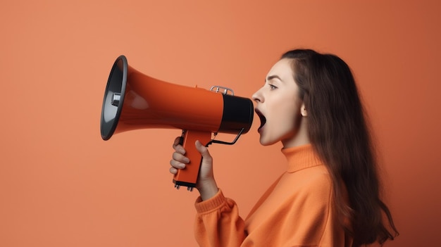 Uma mulher com um megafone que diz 'alto-falante' nele