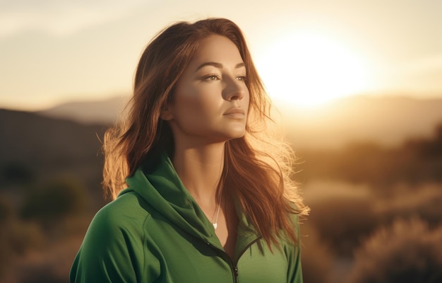 Uma mulher com um moletom verde está em um campo com o sol se pondo atrás dela.