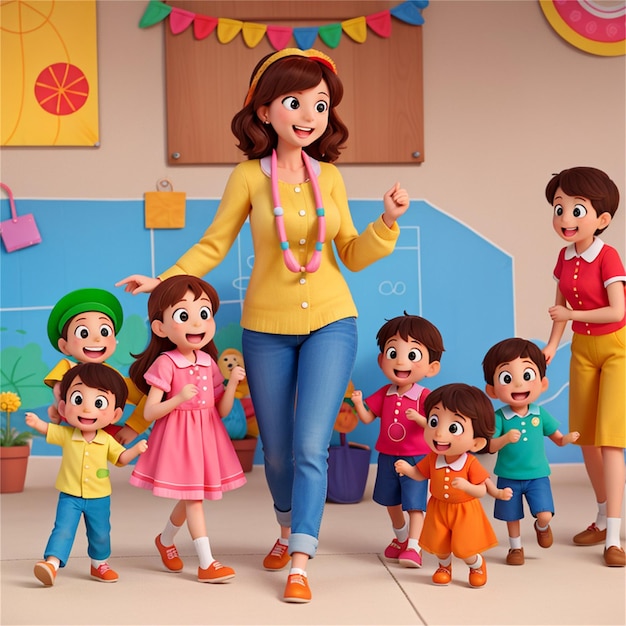 uma mulher com um monte de crianças vestindo uma camisa amarela com a palavra " nela "