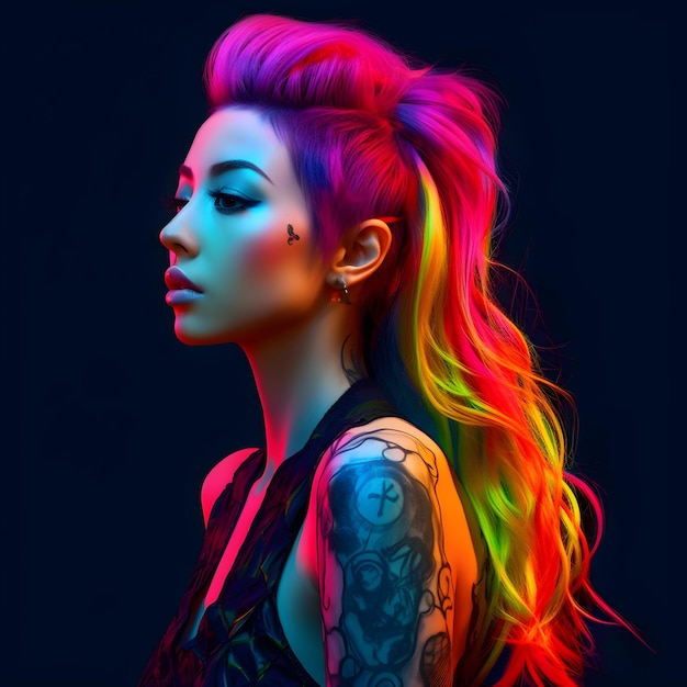 Uma mulher com um penteado colorido e uma tatuagem no ombro