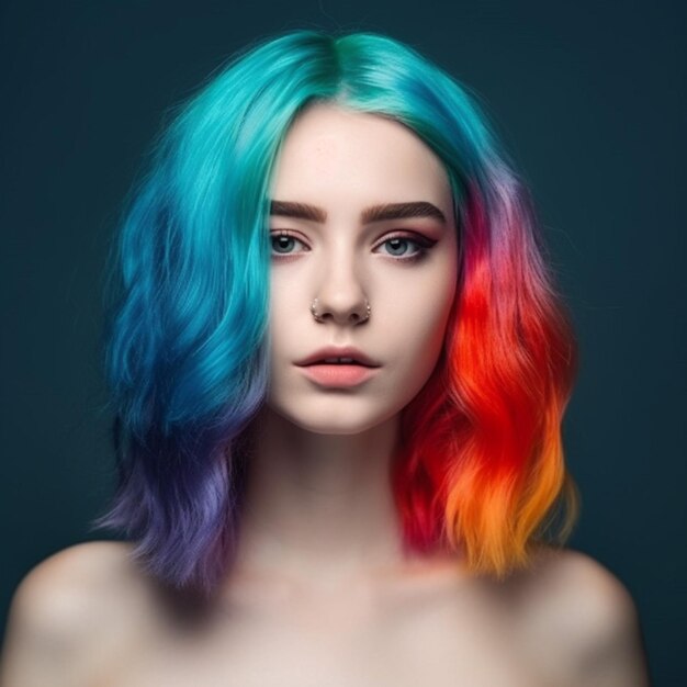 Uma mulher com um penteado colorido na cabeça está olhando para a câmera.