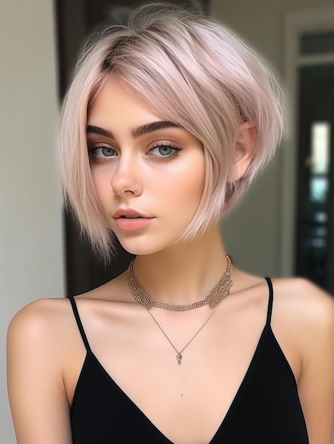 uma mulher com um penteado rosa e um colar