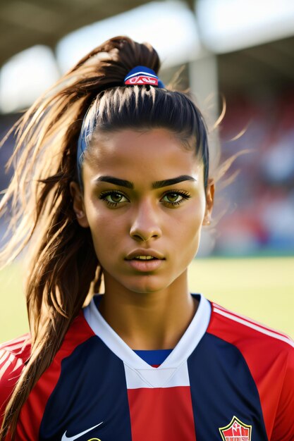 Foto uma mulher com um rabo de cavalo em um uniforme de futebol