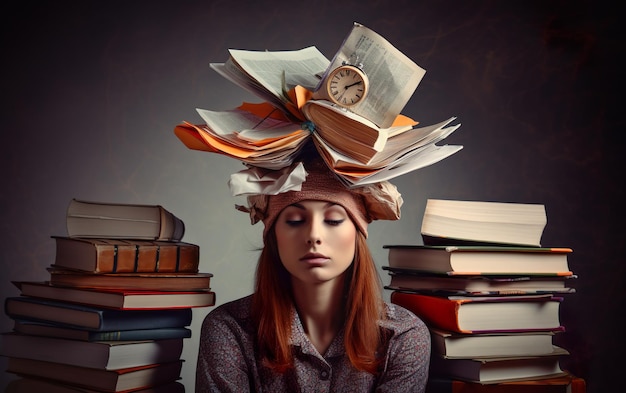 Uma mulher com um relógio na cabeça está rodeada de livros.