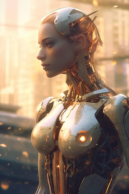 Uma mulher com um robô na cabeça