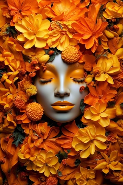 Uma mulher com um rosto amarelo e uma cabeça de flor