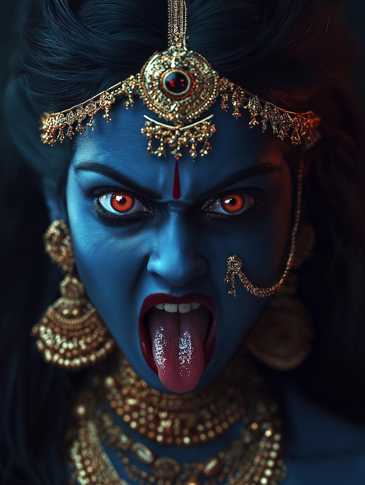 Foto uma mulher com um rosto azul e sua boca aberta com a palavra eu te amo em seu peito