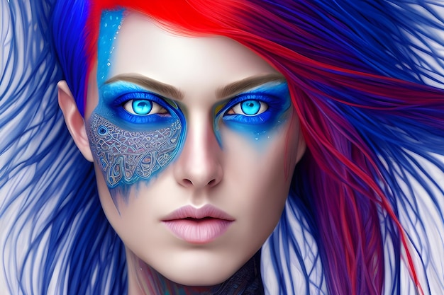 Uma mulher com um rosto azul e vermelho pintado com um padrão de borboleta