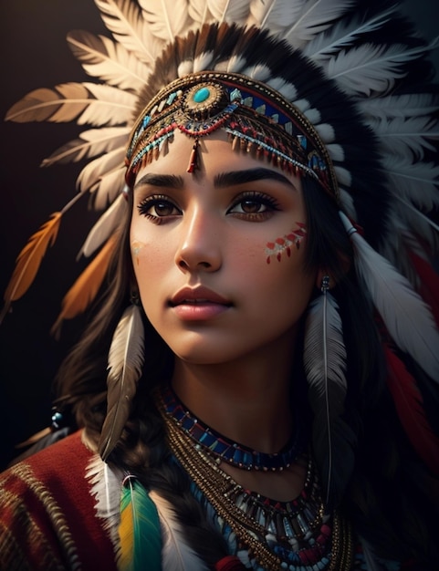 Uma mulher com um rosto bonito e os olhos pintados com penas e penas.