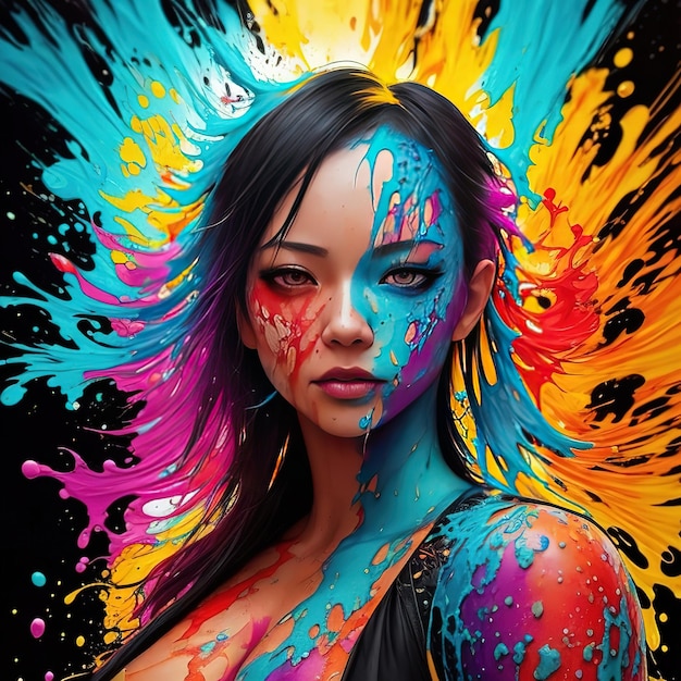 Uma mulher com um rosto colorido pintado com cores diferentes.