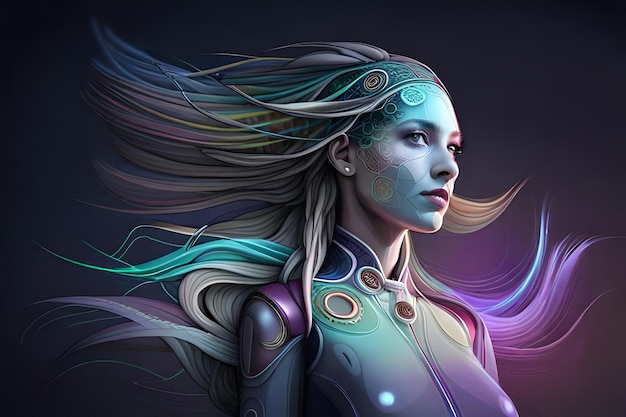 Uma mulher com um rosto de robô e um rosto pintado em prata ficção científica belo cyborg humanoide
