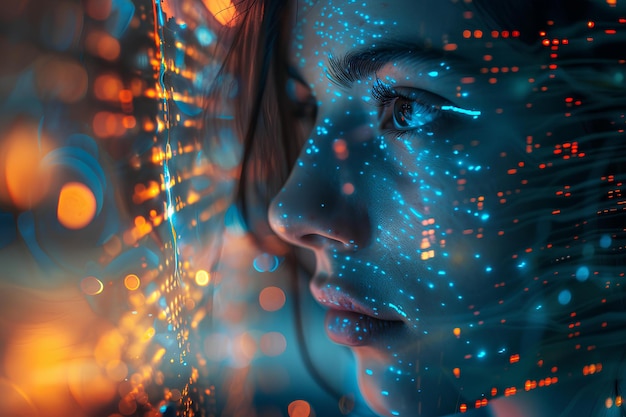 Uma mulher com um rosto futurista e uma paisagem urbana no fundo com luzes em seu rosto e um