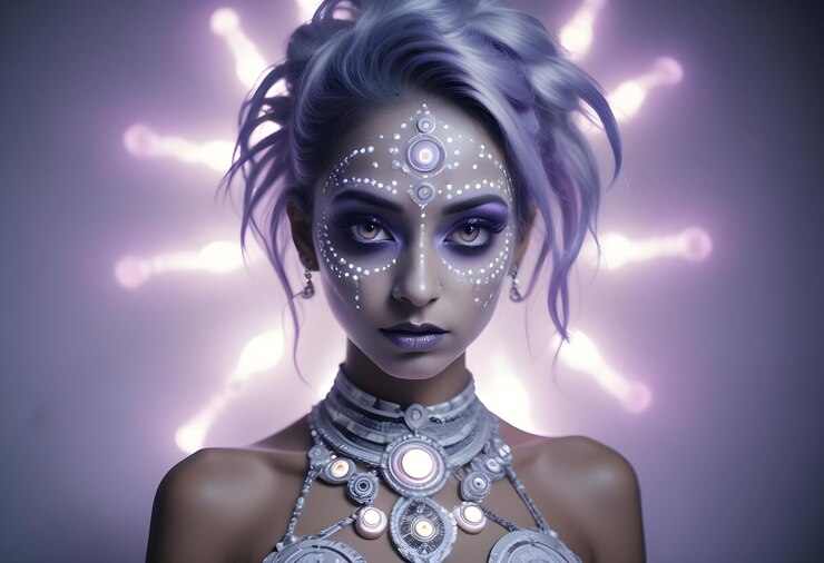 Foto uma mulher com um rosto pintado com a palavra alienígena