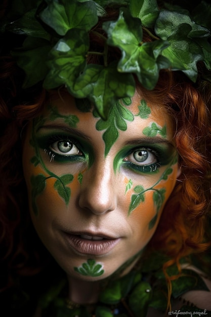 Uma mulher com um rosto pintado de folha e folhas verdes no rosto