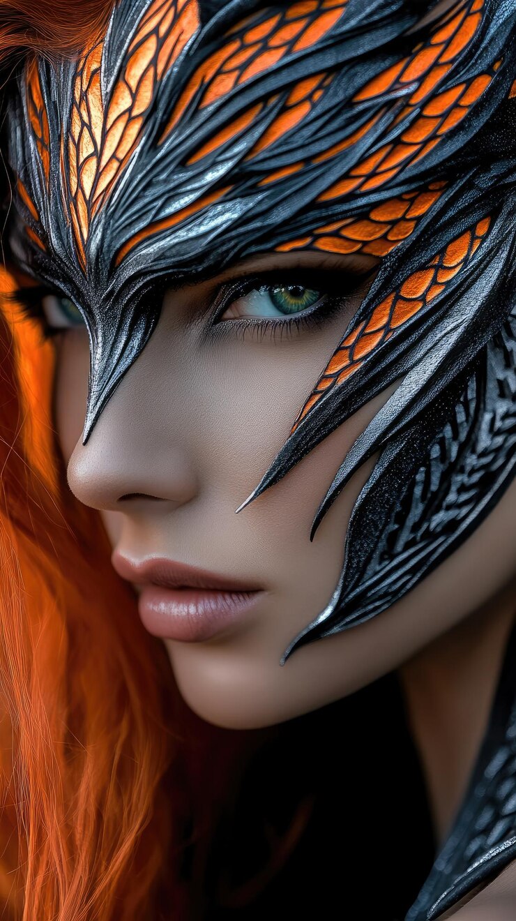 Foto uma mulher com um rosto pintado e cabelo laranja com penas laranjas e pretas