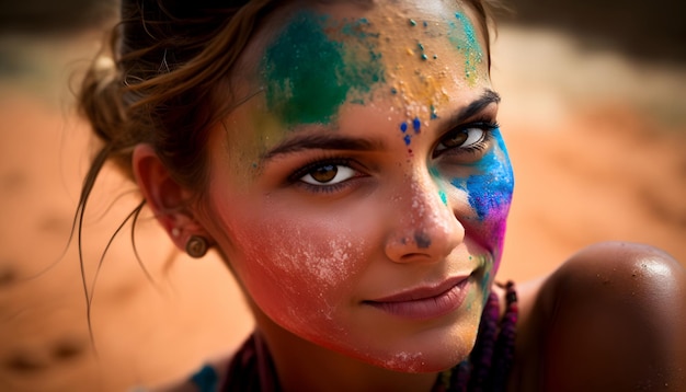 Uma mulher com um rosto pintado em cores de holi