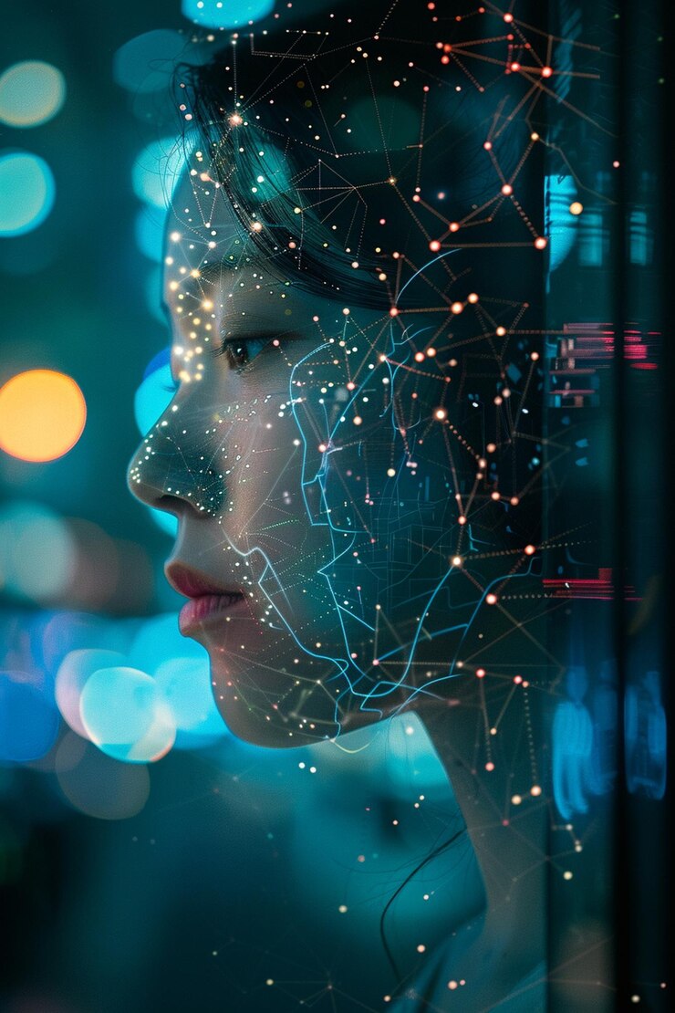 Foto uma mulher com um rosto que diz "cyber"