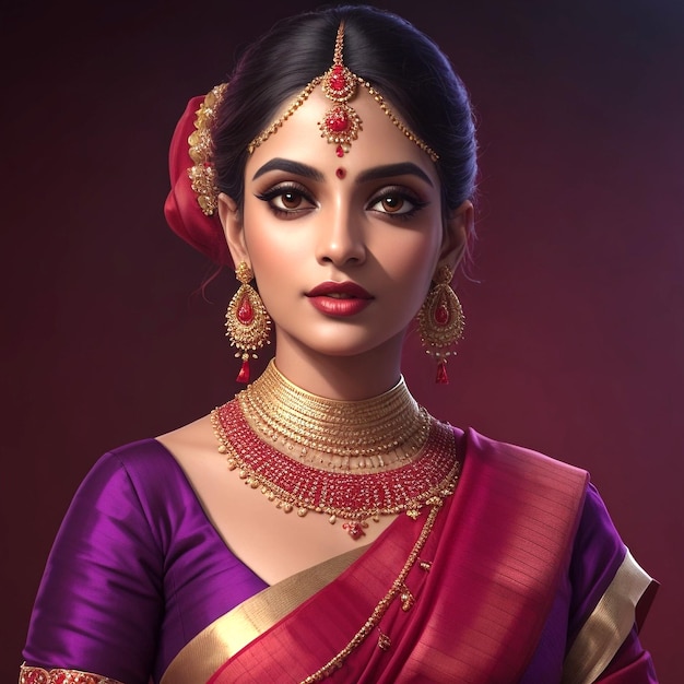 Uma mulher com um sari vermelho com sotaques dourados e um sari roxo