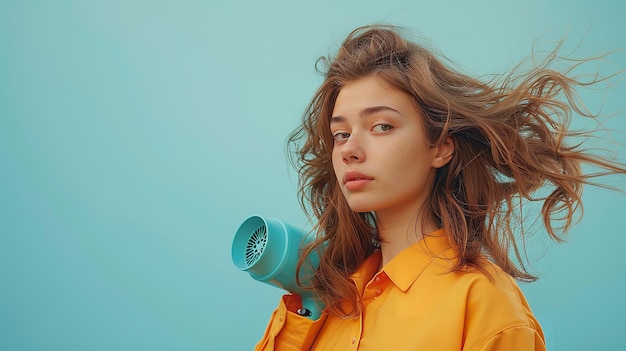 Foto uma mulher com um secador de cabelo está de pé na frente de um fundo azul