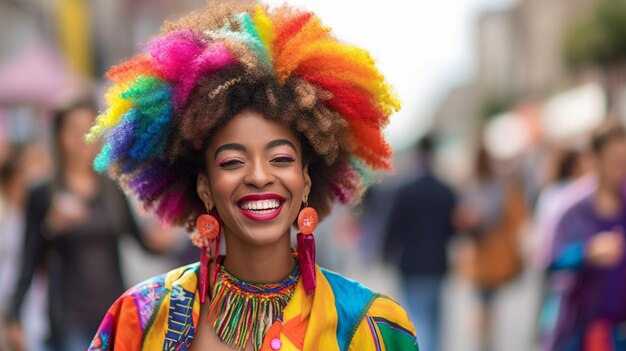 Uma mulher com um sorriso alegre vestindo uma roupa colorida Imagem de IA generativa