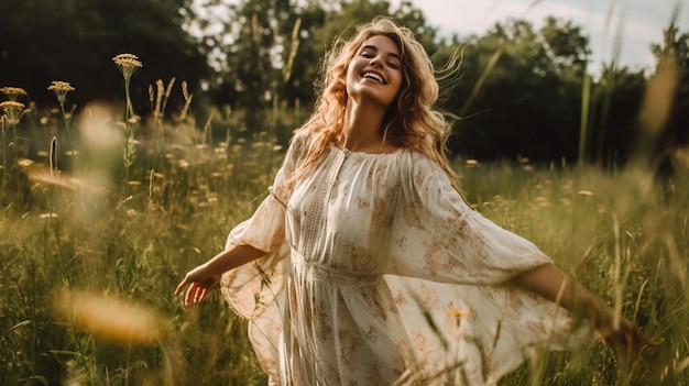 Uma mulher com um sorriso brincalhão usando um vestido esvoaçante cercado por flores silvestres Imagem generativa de IA