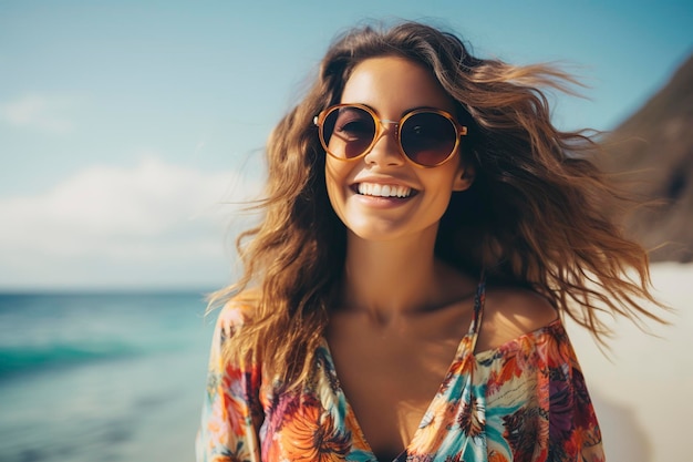 Uma mulher com um sorriso muito feliz e bonito.