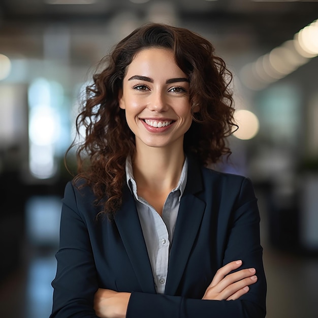 Uma mulher com um sorriso no rosto está de braços cruzados